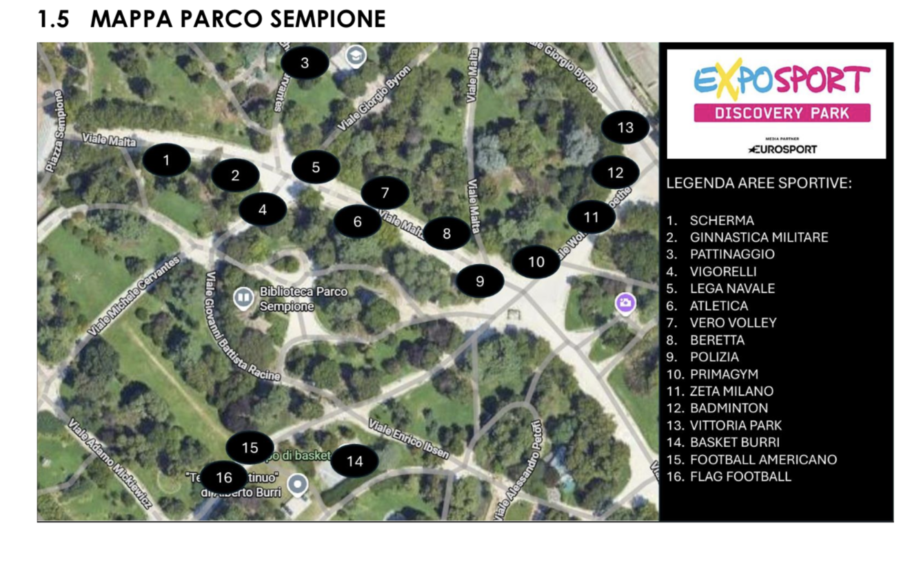 Mappa del Parco Sempione con le aree sportive di Expo per lo Sport